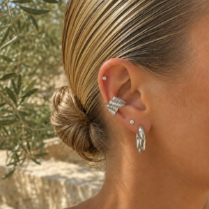 Çelik Gold/Silver Renk Baget Taşlı Suyolu Kadın EarCuff Küpe